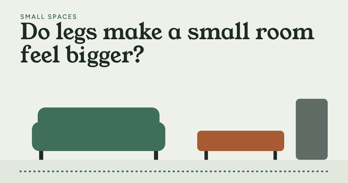Side view of a green sofa, a terracotta sideboard and a grey bookcase, the first two raised on legs above a dotted floor line