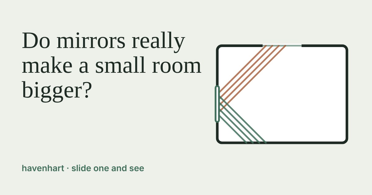Top-down plan of a room: terracotta light rays from a window bounce off a mirror on the side wall as green rays across the floor