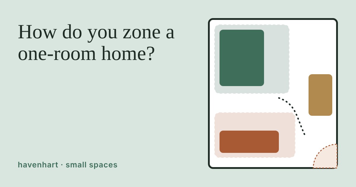 Top-down plan of a one-room home with bed, sofa and desk zones and a clear door swing