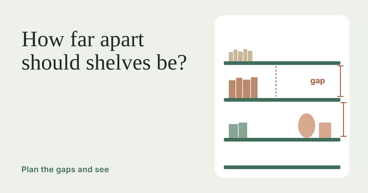 Illustration of a wall of shelves with different gaps for small books, large books and ornaments, one gap marked