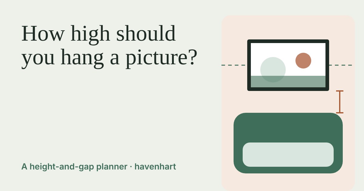 A framed picture hung above a green sofa, with a dashed line at eye level and a marked gap between frame and sofa
