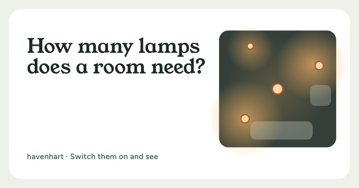 A top-down room in the evening with four lamps glowing warm in a dark room