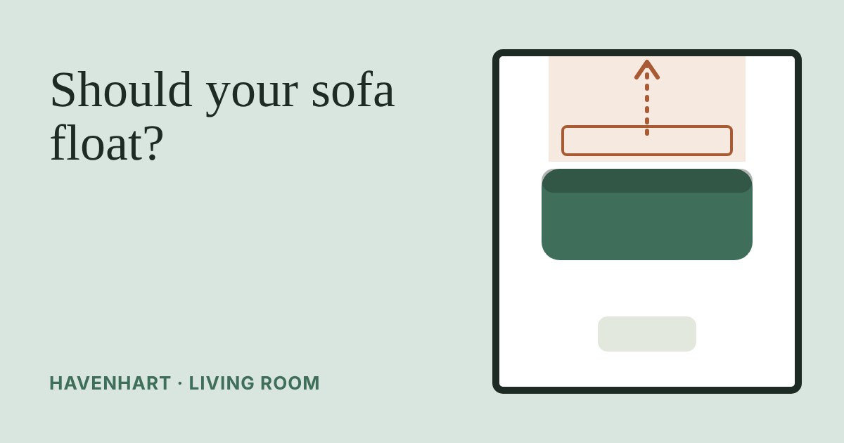 Top-down plan of a living room with a green sofa pulled away from the wall and a dotted arrow showing the walkway behind it