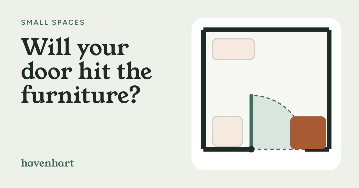 Top-down plan of a small room with a door swinging open as a green quarter circle and an armchair touching its edge